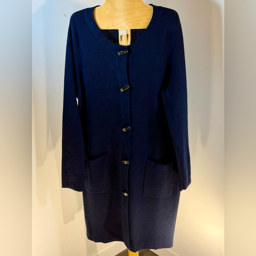 Ellen Tracy Navy Blue Long Merino Wool Toggle Cardigan
